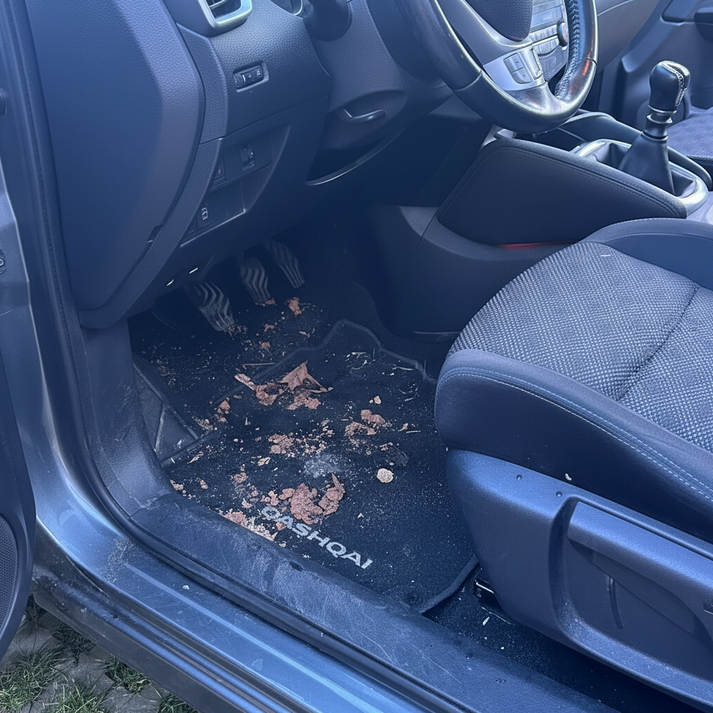 Tapis Peugeot avec boue séchée et débris - CLEAN KRZ Caen